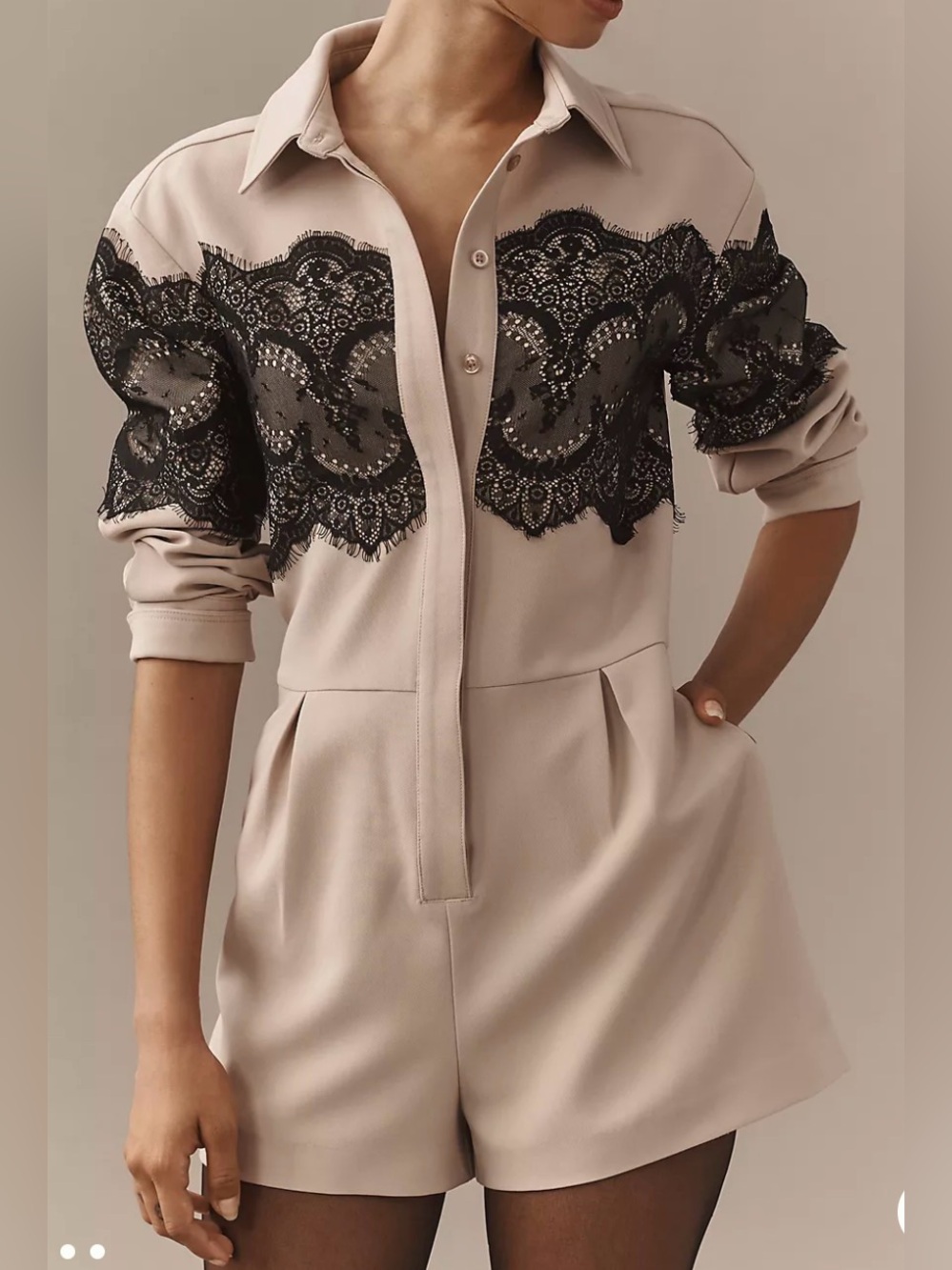 Anthropologie Cream Romper with Black Lace Overlay
